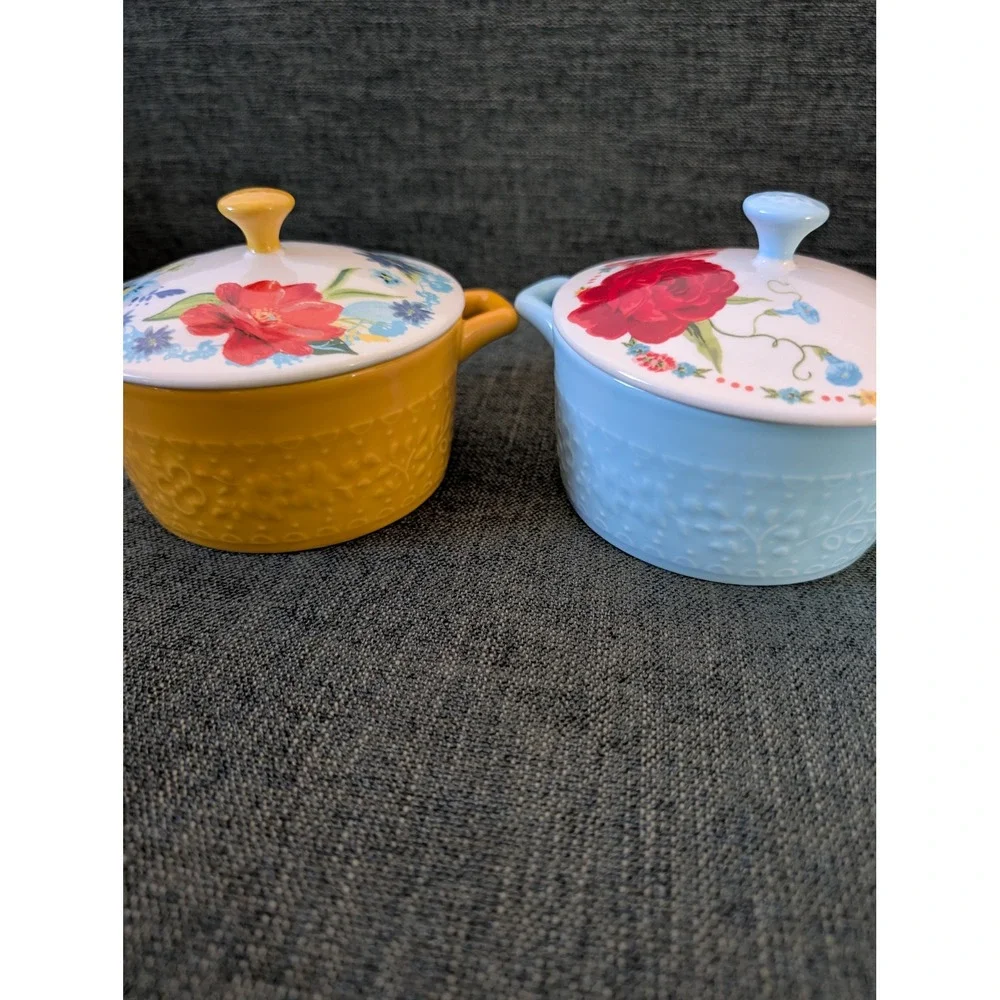 Pioneer Woman Stoneware Mini‎ Cocottes Set of 2 Floral Lidded Casserole Cottage